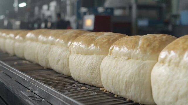selective focus bakery with automated ovens baking loaves of bread and conveyor dough transfer system
