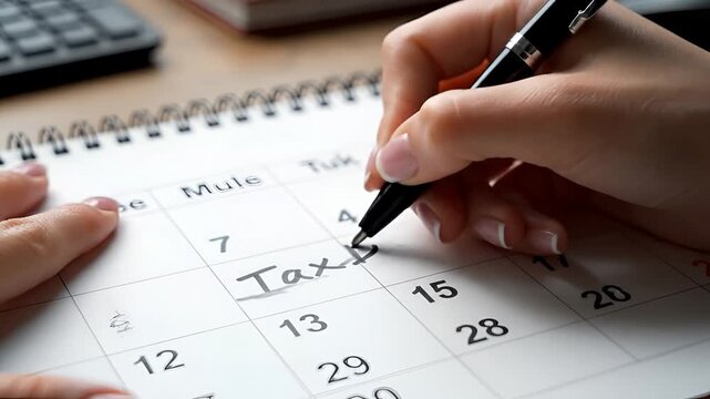 Closeup of hand writing Tax Day on a calendar page.