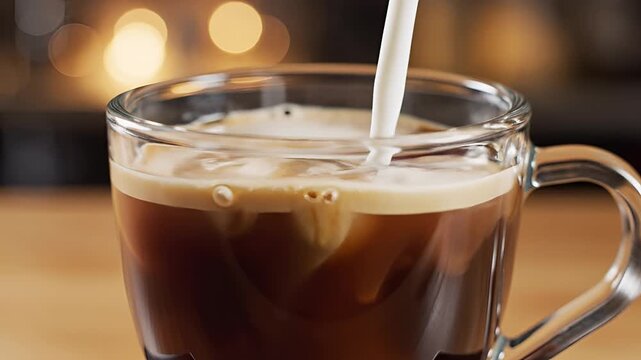 Cream being poured into a hot cup of coffee with a fireplace in the background.