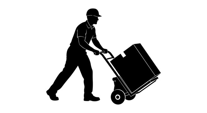 Delivery Man Pushing Hand Truck.