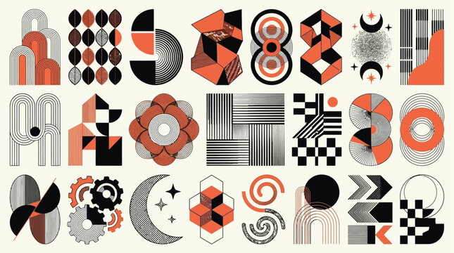 Set of diverse modern abstract geometric shapes and minimalist patterns for creative design projects. Contemporary graphic elements with a retro-futuristic aesthetic