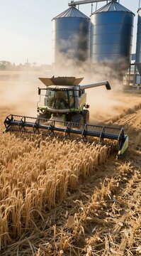 Combine harvester harvesting wheat in field near grain silos