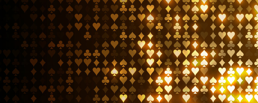 Golden Vip Casino poker suits seamless pattern, spades, hearts, clubs, diamonds texture on dark gold background. Playing card symbols backdrop for gambling games, casino banners. Vector illustration.