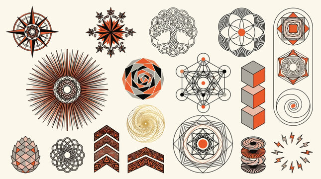 Elegant collection of abstract geometric patterns, featuring sacred geometry symbols, ornamental designs, and intricate mandalas in a cohesive vector style
