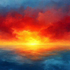Obraz premium A vibrant digital painting depicts a dramatic sunset over a calm ocean with fiery red and orange clouds in the sky.