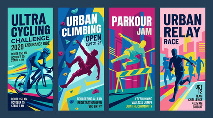 Obraz premium Extreme Sports Festival Featuring Ultra Cycling, Urban Climbing, Parkour, and Urban Relay Races