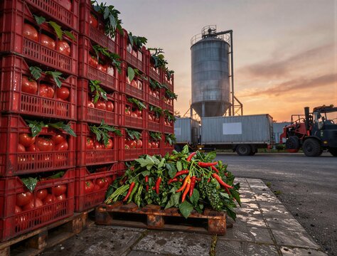 Crates of tomatoes and chilies stacked outside processing plant