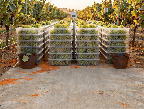 Grape crates stacked after harvest among vineyard rows at sunrise