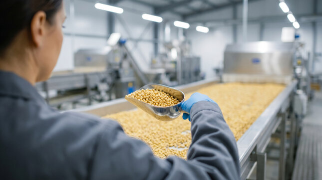 Vista sobre o ombro de uma oper&aacute;ria em uniforme segurando uma concha de metal com gr&atilde;os de soja. Controle de qualidade em uma esteira rolante numa f&aacute;brica moderna de processamento de alimentos
