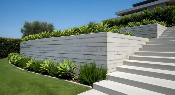 Modern terraced garden with concrete retaining walls, white stairs, and lush green plants under a clear blue sky.