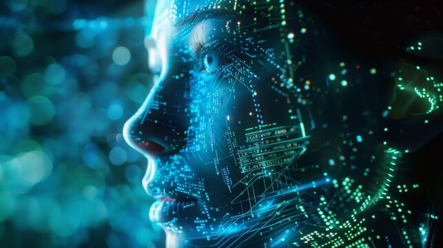 Artificial intelligence concept with digital human face profile made of glowing green binary code