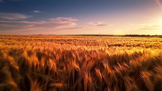 Golden wheat field at sunset landscape.