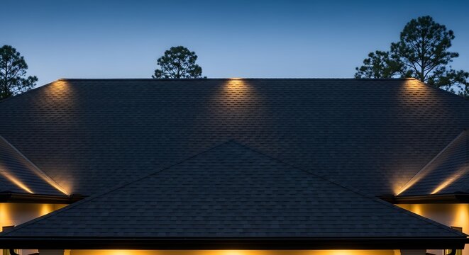 Modern roofline with warm accent lighting illuminating dark shingles at dusk.
