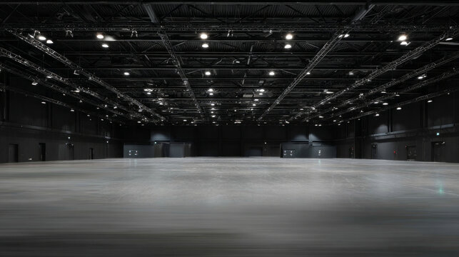 Spacious Empty Modern Exhibition Hall with Industrial Black Ceiling Truss and Bright Spotlights, Ready for Events