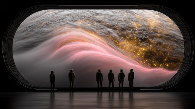Silhouetted people watching cosmic cloud through giant window