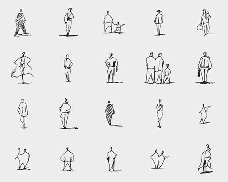 Hand drawn sketch people set with families and groups, urban figures collection