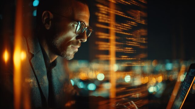 Focused man with computer code projected on face looking at night city lights
