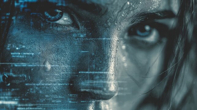 Intense human eye viewing digital screen with programming code overlay