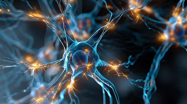 Close-up illustration of a human neuron with glowing synapses transmitting electrical impulses.