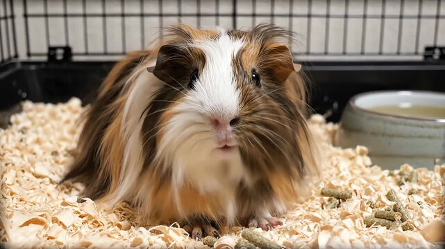 Guinea Pig Relaxing in Its Cage with Wood Shavings and Food