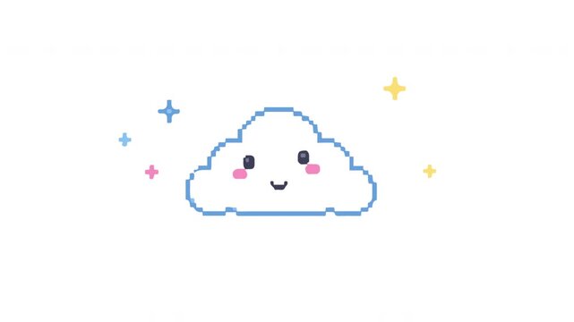 4K Cute Kawaii Pixel Art Cloud Smiling With Sparkles Animation, 8-Bit Retro Game Style on White Background 