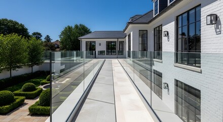 Fototapeta premium A modern white brick building with large windows and a glass-railed concrete pathway leading to a distant structure, alongside a manicured garden under a clear blue sky.