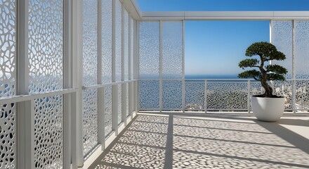Obraz premium Modern architectural balcony with intricate perforated screens and a bonsai tree overlooking the vast blue ocean.