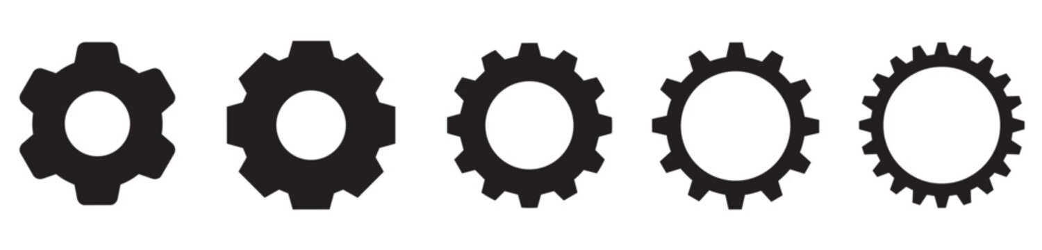 Gear Icon Set. Cogwheel Mechanical Symbol Design. Settings Configuration Element Collection. Black Vector Illustration Style. Minimal Line Art Design
