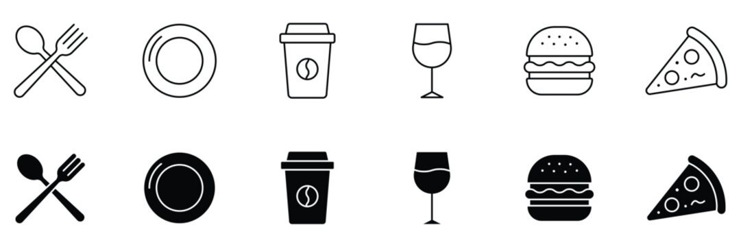 Restaurant, caffe, fast food line and solid icons set containing crossed spoon and fork, empty plate, takeaway coffee cup, wine glass, burger, and pizza slice vector illustration.