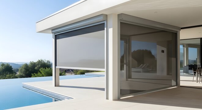 Modern outdoor patio with retractable screens next to a swimming pool, offering shade and a view of the distant landscape.