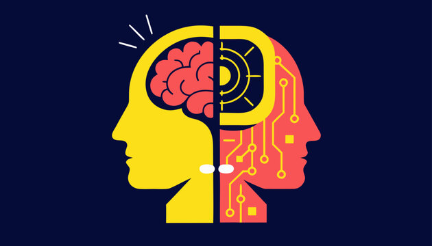 Very beautiful dual profile illustration featuring a glowing human brain facing an advanced AI processor, representing knowledge exchange and future intelligence in premium vector illustration style.