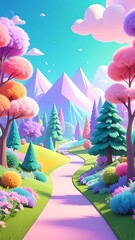 Obraz premium A vibrant cartoon landscape with a winding path through colorful trees and flowers
