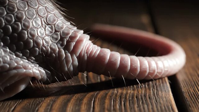 Rat Tail Showing Unique Skin Texture and Scales on a Wooden Surface