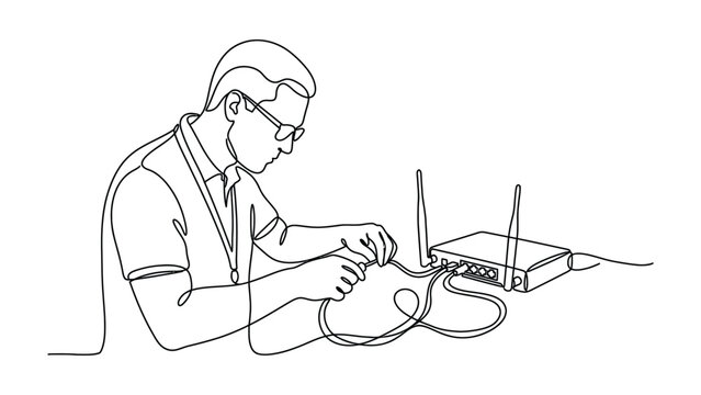 Continuous line drawing of a technician installing a wifi router.