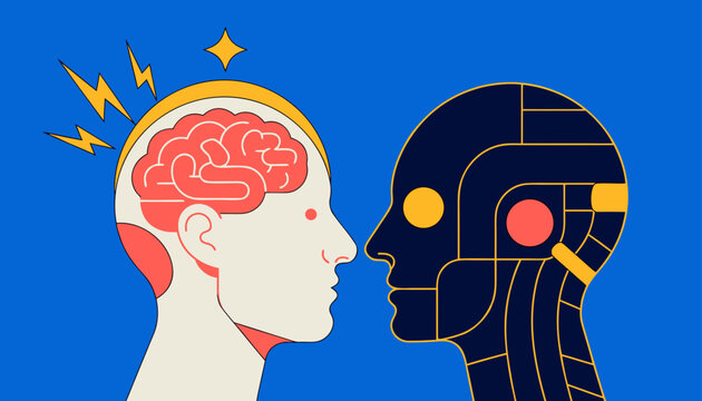 Very beautiful dual profile illustration featuring a glowing human brain facing an advanced AI processor, representing knowledge exchange and future intelligence in premium vector illustration style.