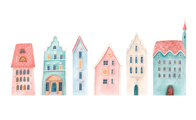 Fototapeta premium Hand drawn watercolor Christmas town houses isolated illustration. Festive European architecture clipart collection. Cozy pastel fairytale buildings for holiday cards, branding and winter designs.