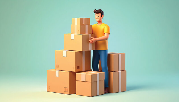 Man standing with stacked cardboard boxes.
