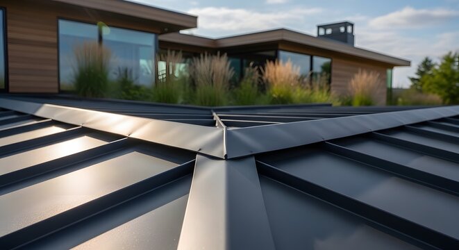 Modern building with a dark standing seam metal roof and detailed valley flashing.