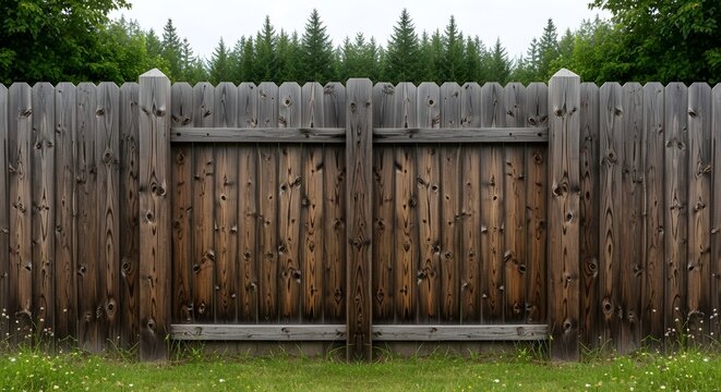 A weathered wooden fence with a closed double gate in a green grassy yard, backed by trees.