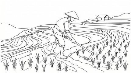 Fototapeta premium Diligent farmer in a traditional conical hat cultivates terraced rice paddies, showcasing time-honored agricultural practices and a sustainable rural livelihood