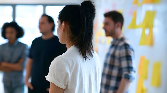 A person stands looking out a window in a bright modern office setting suggesting collabo n and professional focus