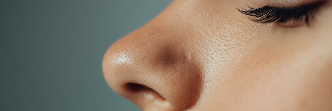 Close up view of a female nose, showcasing pores and eyelashes post rhinoplasty surgery, emphasizing beauty, cosmetology, and the sense of smell in a delicate, artistic manner