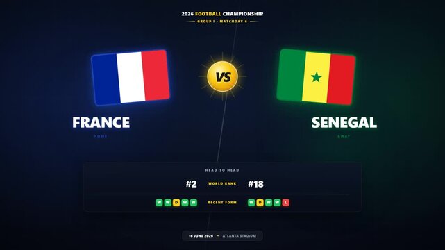 Soccer match versus graphic with team flag world ranking recent form and statistics