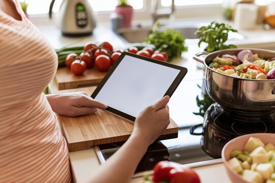 Tablet with blank screen beside fresh vegetables in kitchen