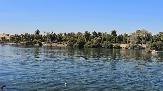 Panoramic view from Elephantine Island over Nile River at Aswan, Egypt.