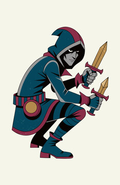 Cunning man thief in hood crouching with two daggers in hand. Fantasy rogue character. Semi flat style. Game asset, character design, stealth concept. Vector illustration