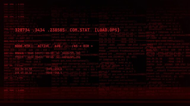 Red digital terminal code with glitch effects, cyber security breach, virus malware script, system error loop, software hacking interface, data processing 4k video