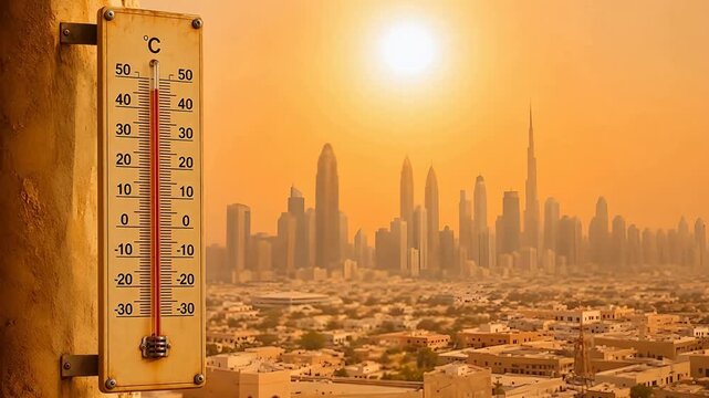 Thermometer in orange city heatwave with hazy skyline and hot sun