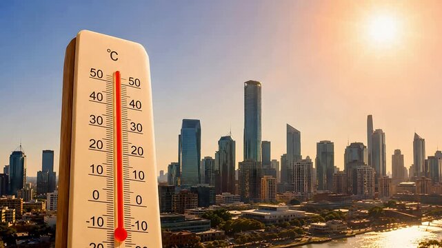 Thermometer showing extreme heat over city skyline during summer heatwave
