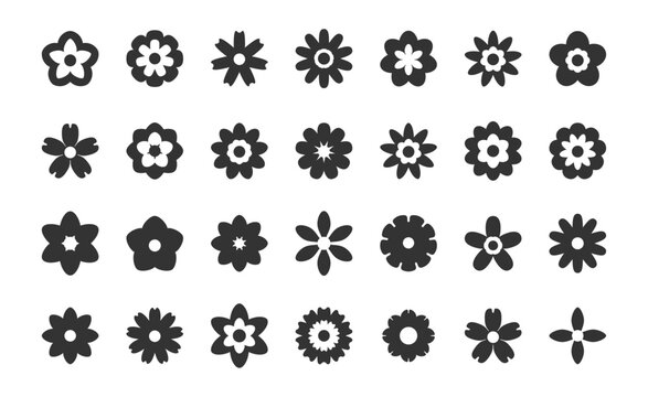 Collection of retro flower icons in simple bold floral shapes